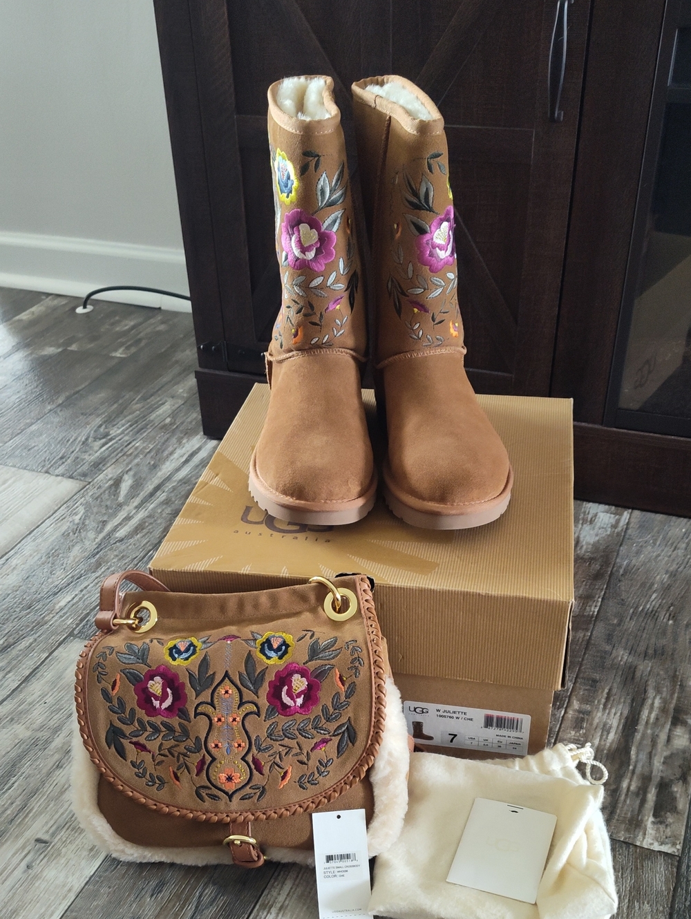 UGG Chestnut Suede Floral Embroidered Crossbody Bag